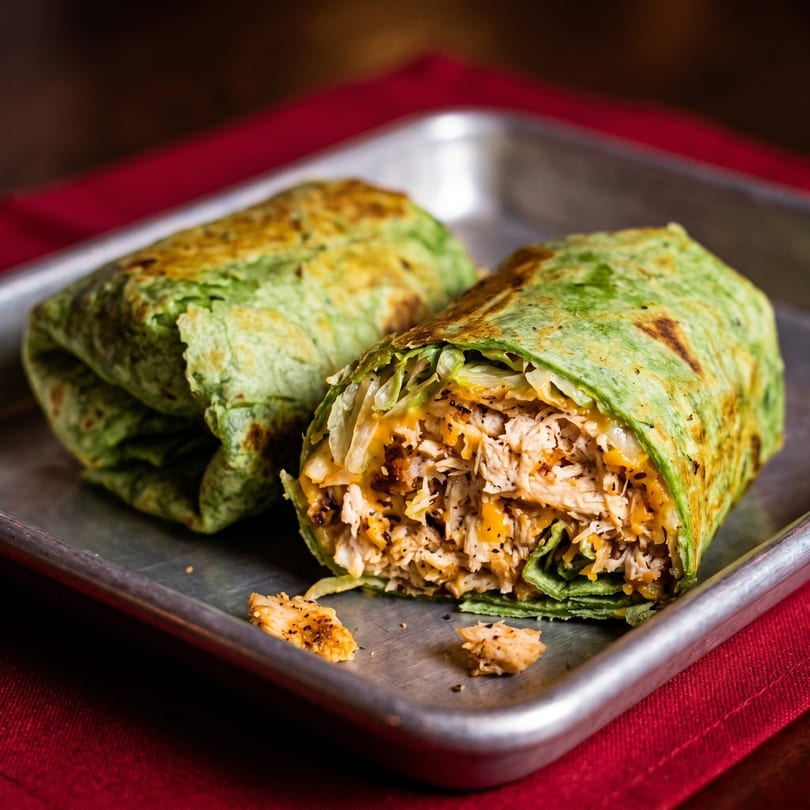 Two green wraps, one cut open to reveal shredded chicken, cheese, and lettuce on a metal tray.