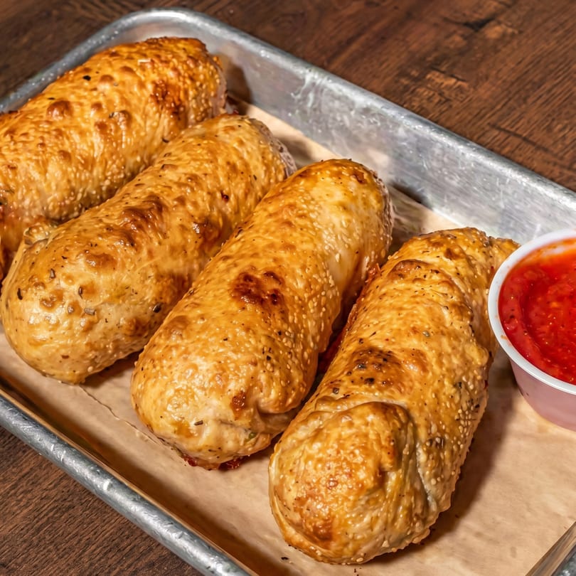 Four golden-brown, sesame-crusted breadsticks with a side of red dipping sauce on a metal tray.